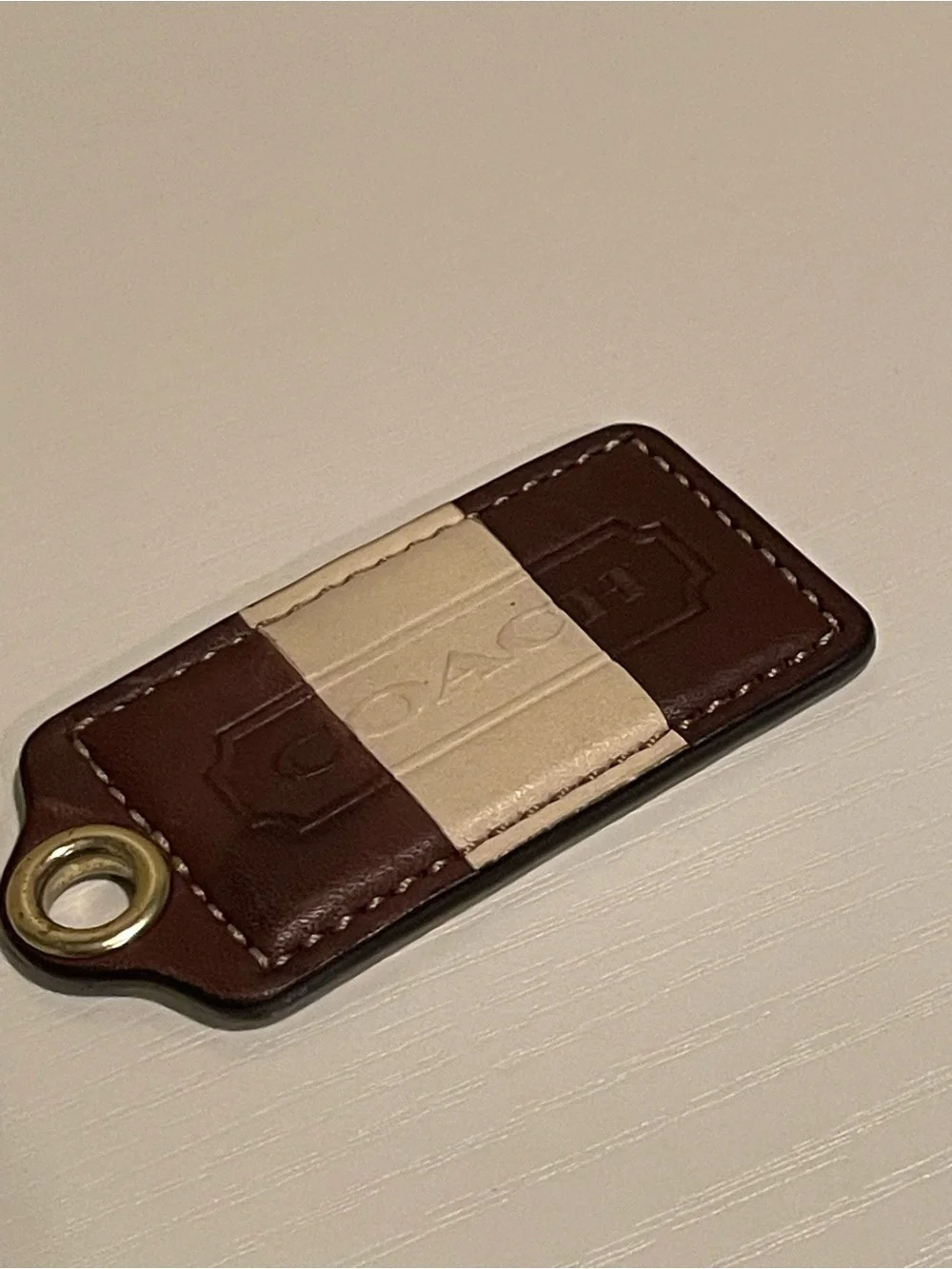 Authentic Coach Leather Key Fob with Contrast Strap - Brown & Cream